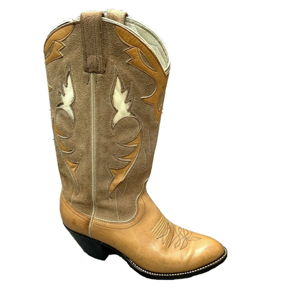 Vtg Dan Post Women's Cowboy Western Boots Tan Suede & Leather Underlay Sz 8 C
